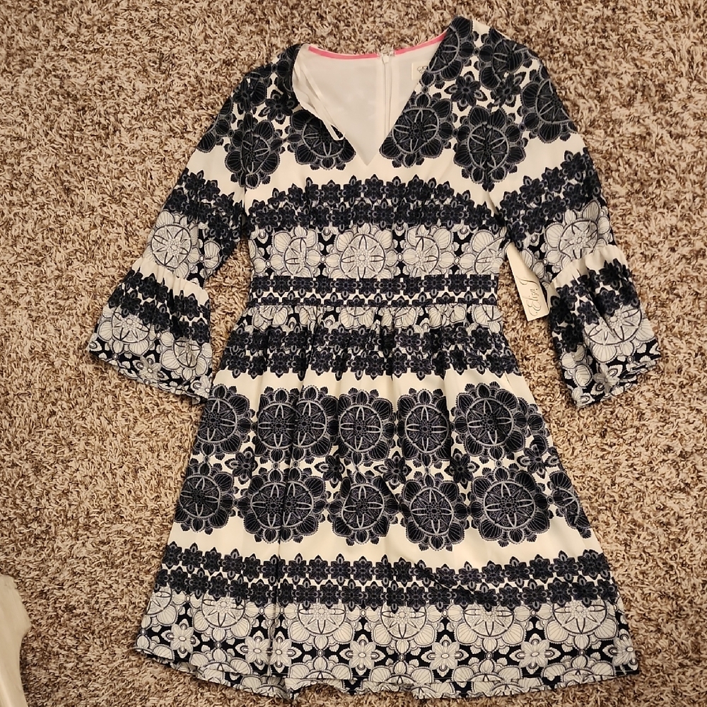 Black and White Fit and Flare Dress with Bell Sleeves